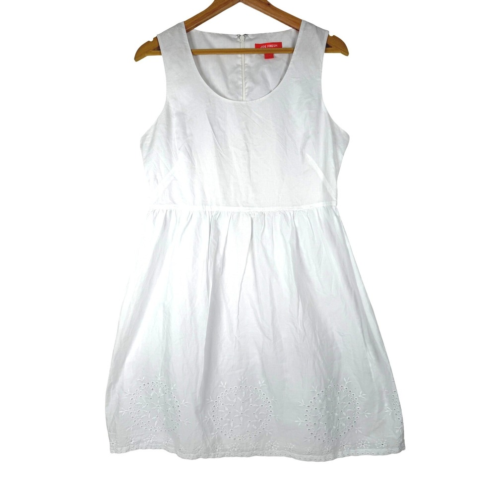 Joe Fresh Eyelet Dress Womens 8 White Summer Sleeveless Embroidered Cotton Hem